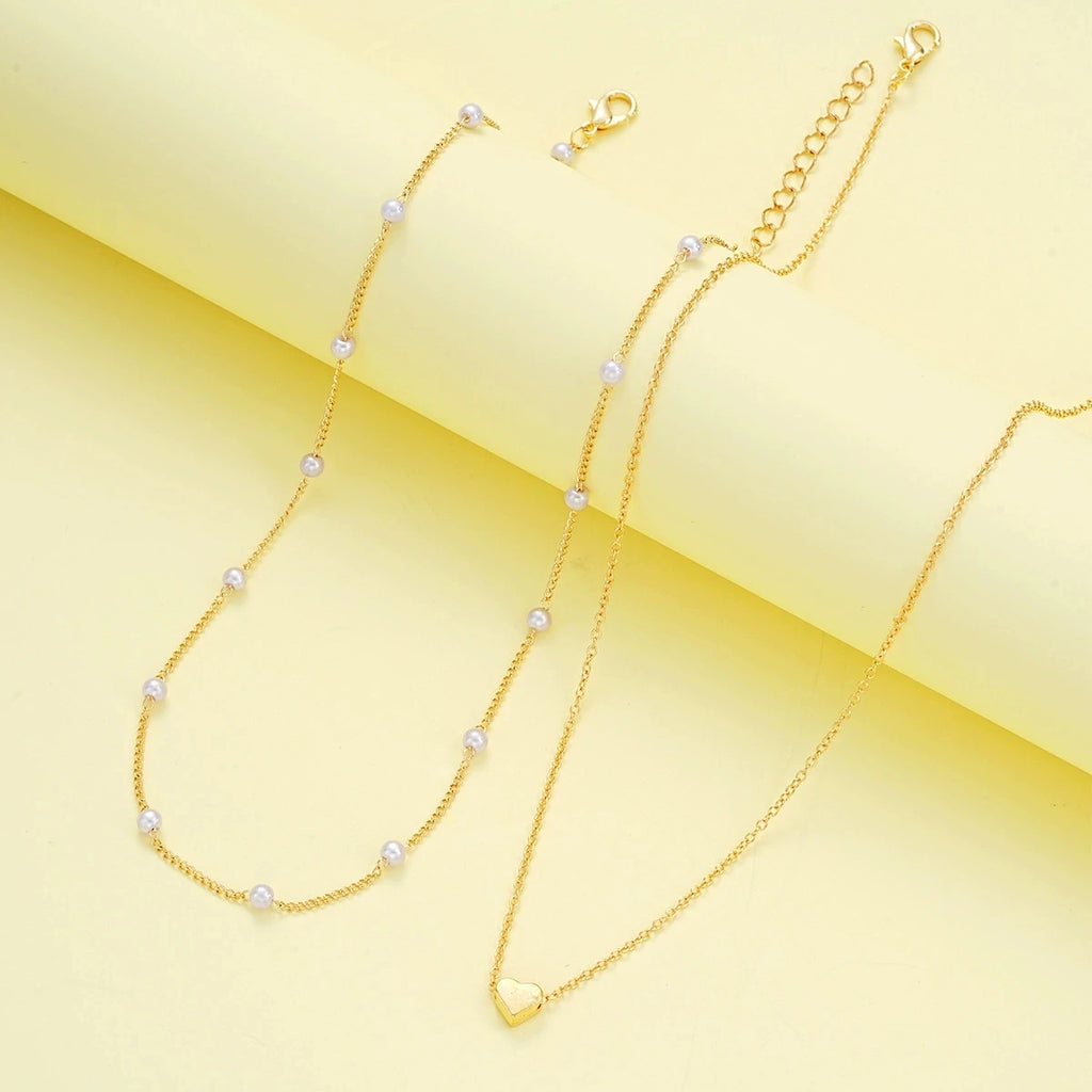 Fashion Imitation Pearl Heart Jewelry Set For Women Gold Silver Color Round Beads Necklace Bracelet Set Daily Wear Accessories