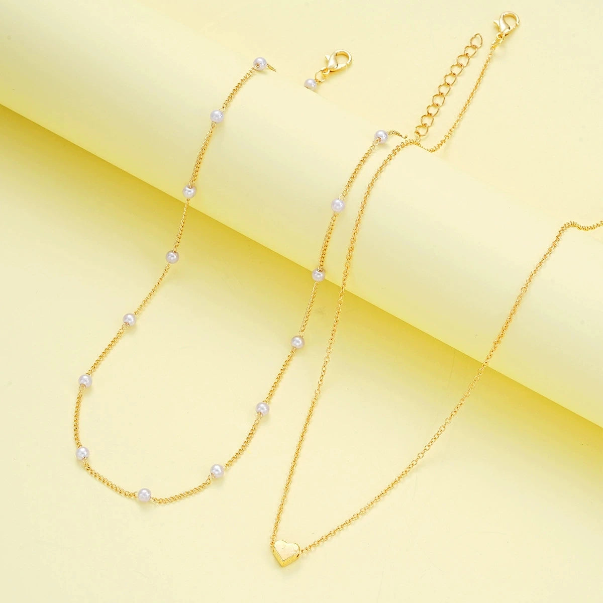Fashion Imitation Pearl Heart Jewelry Set For Women Gold Silver Color Round Beads Necklace Bracelet Set Daily Wear Accessories