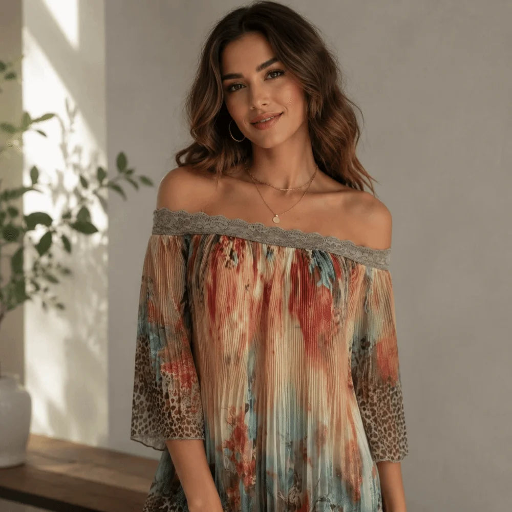 Retro Floral Print Off-Shoulder Dress Loose Lace Trim Summer Skirt Bohemian Leopard A-Line Fold Dress Casual Vacation