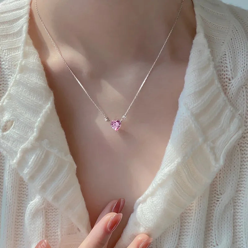 ANENJERY Pink Zircon Love Heart Necklace for Women New Fashion Sweet Design Clavicle Chain collares para mujer