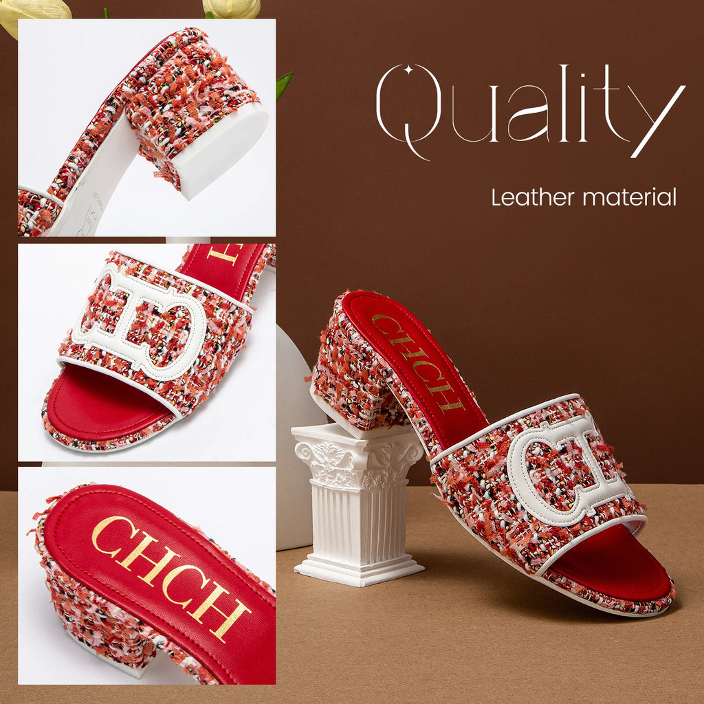 CH middle heel square heel slippers fabric fashion casual shoes luxury brand slippers girls street commuter slippers