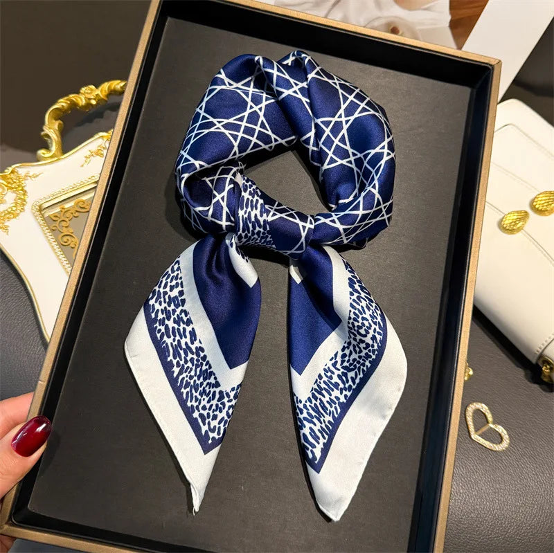 Elegant Geometric Striped Square Scarf for Women Satin Fashion Wraps Neckerchief Female Hair Bands Ribbon Headband Bandana