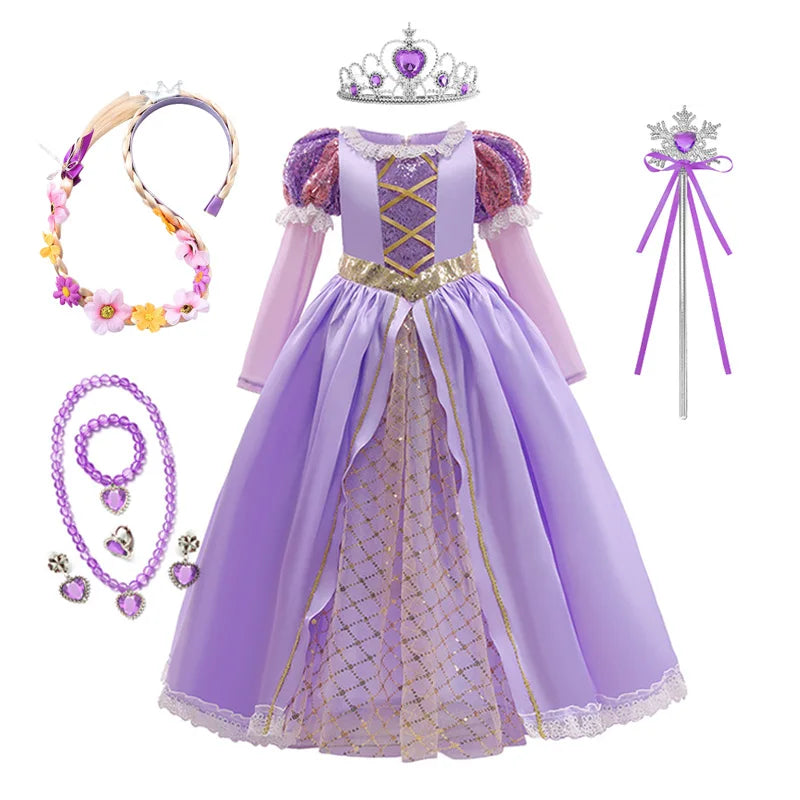 Rapunzel Princess Dress for Girls Tangled Cosplay Costume Kids Halloween Christmas Carnival Birthday Party Fancy Clothes