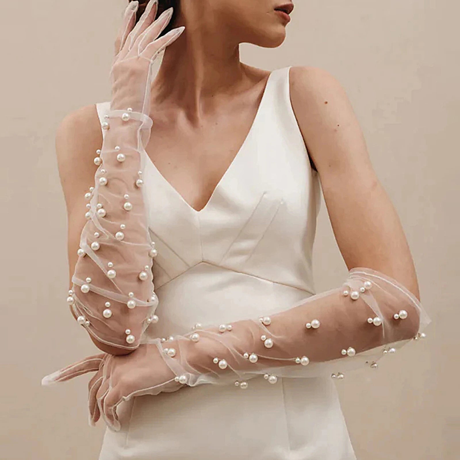 1 Pair Wedding Bride Gloves Pearls Beaded Elbow Covers Arms Sleeves Long Elegant Women Bachelorette Party Accessories  VPM09