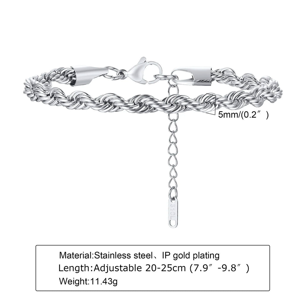 Hip Hop Men's Stainless Steel Rope Chain Bracelets,2/3/4/5mm Gold Color Adjustable Twisted Chain Wristband,Punk Casual Jewelry