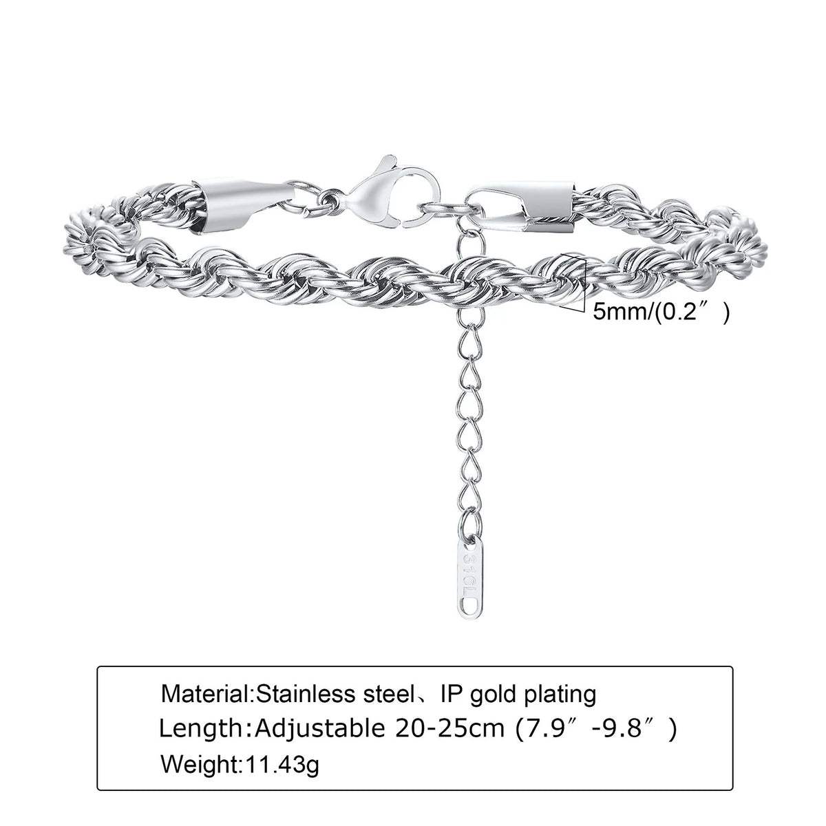 Hip Hop Men's Stainless Steel Rope Chain Bracelets,2/3/4/5mm Gold Color Adjustable Twisted Chain Wristband,Punk Casual Jewelry