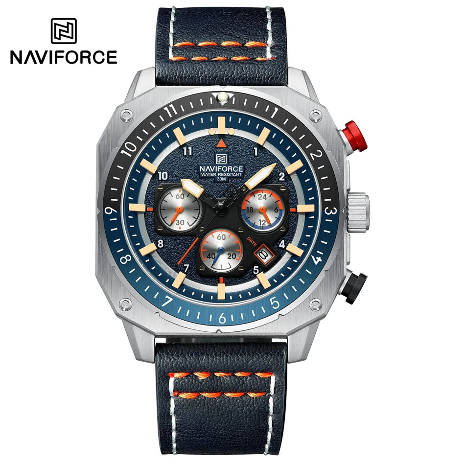 NAVIFORCE Sports Multifunction Waterproof Watches for Men Fashion Leather Luxury Brand Quartz Analog Luminous Square Wrist Watch