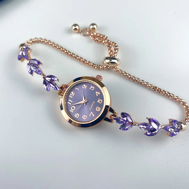 Round Alloy Case Arabic Numeral Classic Dial Leaf-Shaped Diamond-Encrusted Fashionable Bracelet Elegant Ladies Quartz Watch