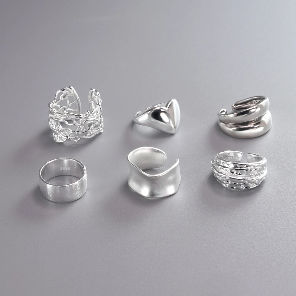 925 Silver Rings for Women Thick Wave Wide Solid Double-layer Punk Trendy Couple Female Party Birthday Gift