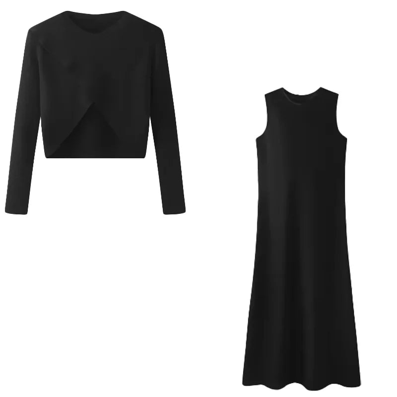 Summer Women Fashion Long Dress Elegance Soft Silk Satin Vest Dress Knitted Top Match Set Maxi Length Woman Chic Dress Set