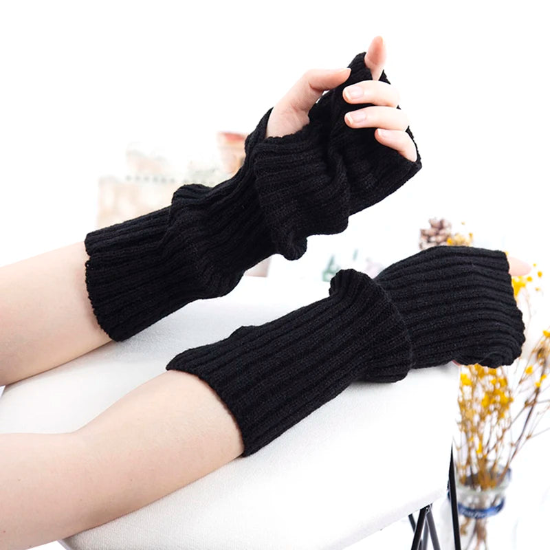 Female Y2K Fashion Arm Warmers Soft Knitted Gloves Women Girl Half Finger Mittens Solid Color Winter Arm Sleeves