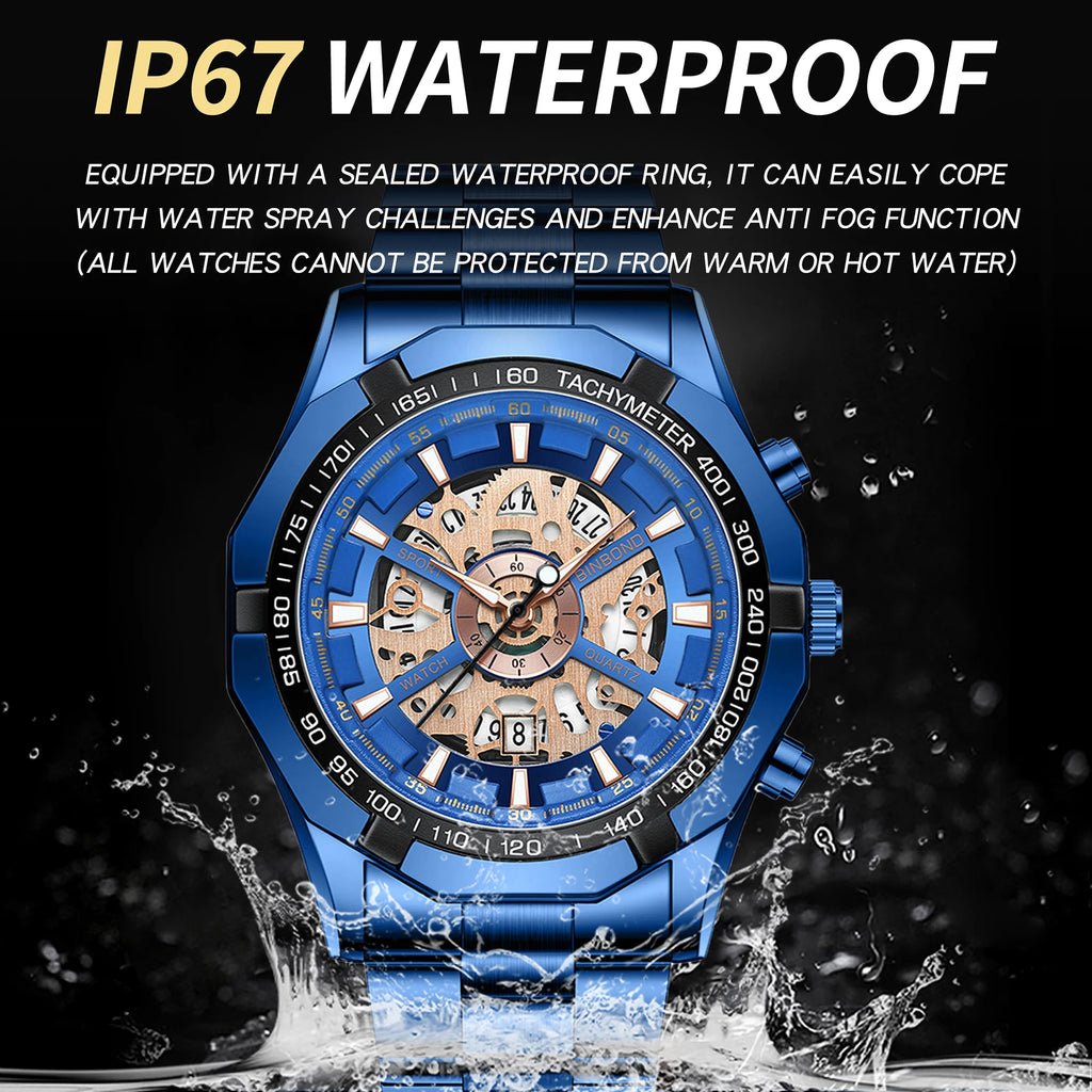 BINBOND Luxury hollow-out quartz wristwatch for men luminous waterproof chronograph men's watch business sport fashion reloj