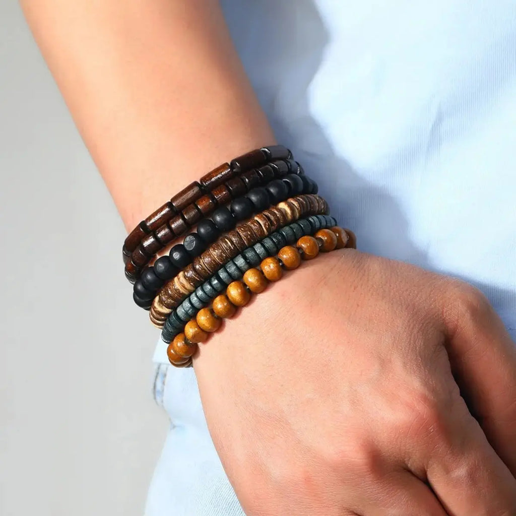 6PCS  Wodeen Braided Wrap Leather Bracelet for Men Vintage Life Wood Beads Fashion Male Armband
