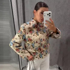 Women Vintage Floral Long Sleeve 2 Piece Set Elegant Stand Neck Cropped Jacket High Waist  Mini Skirt 2026 Daily Commute Outfit