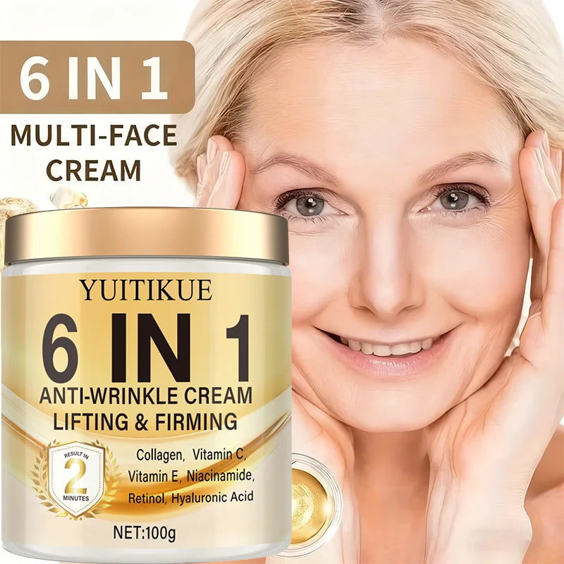 6-in-1 Anti-Wrinkle Cream: Deeply moisturizes, firms the skin, contains Vitamins C and E, retinol, and hyaluronic acid.