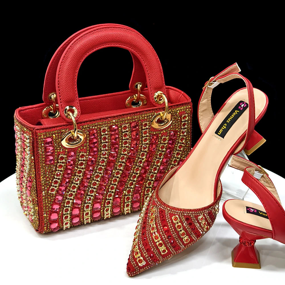 2025 Summer New Design Specials Italian Women Shoes and Bag Set Blue Color Comfortable Low Heels With Rhinestone