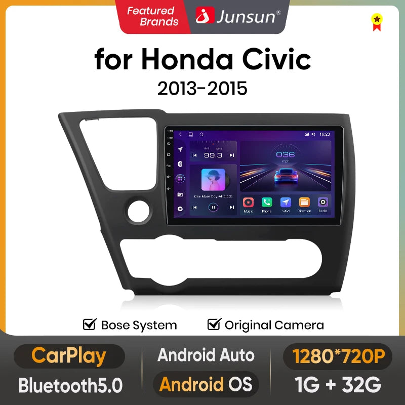 Junsun Wireless Carplay Android Auto Android 15 Car Multimedia Touch Screen Head Unit for Honda Civic  2013 2014 2015 GPS Radio Bluetooth 5.0 4G LTE 5G WiFi Smart Voice Control Stereo Receiver