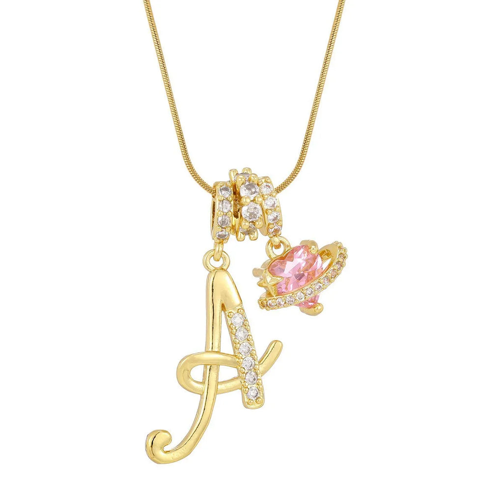 Fashion Letter Necklace Pink for Women  Zircon Heart Pendant Suitable for Personalized Stainless Steel Luxury Jewelry for Girls