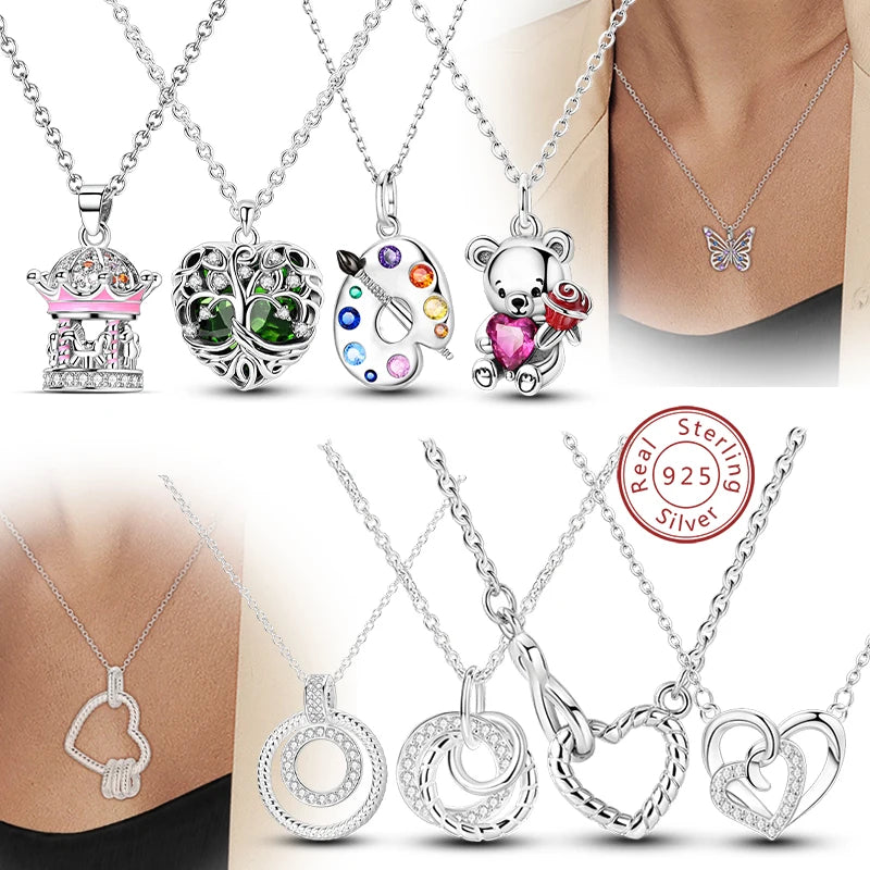 Necklace 925 Sterling Silver Butterfly Love Heart Bear Classic Simple Adjustable Necklace For Women Girl Fashion Jewelry Gifts
