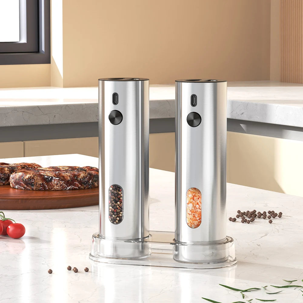 USB Rechargeable Salt and Pepper Grinder Set Stainless Steel Electric Pepper Grinder With 110ml Container Automatic Pepper Mills