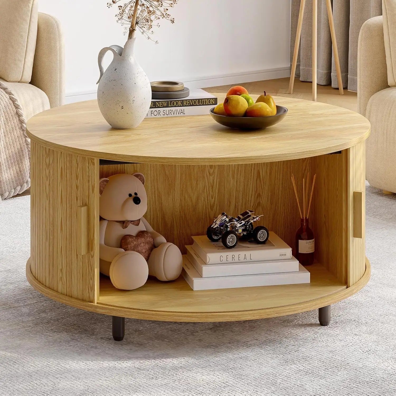Round Coffee Table with Storage, 31.5 In Drum Coffee Table with 360° Curved Sliding Door, ModernFluted Wood Accent Coffee Tablee