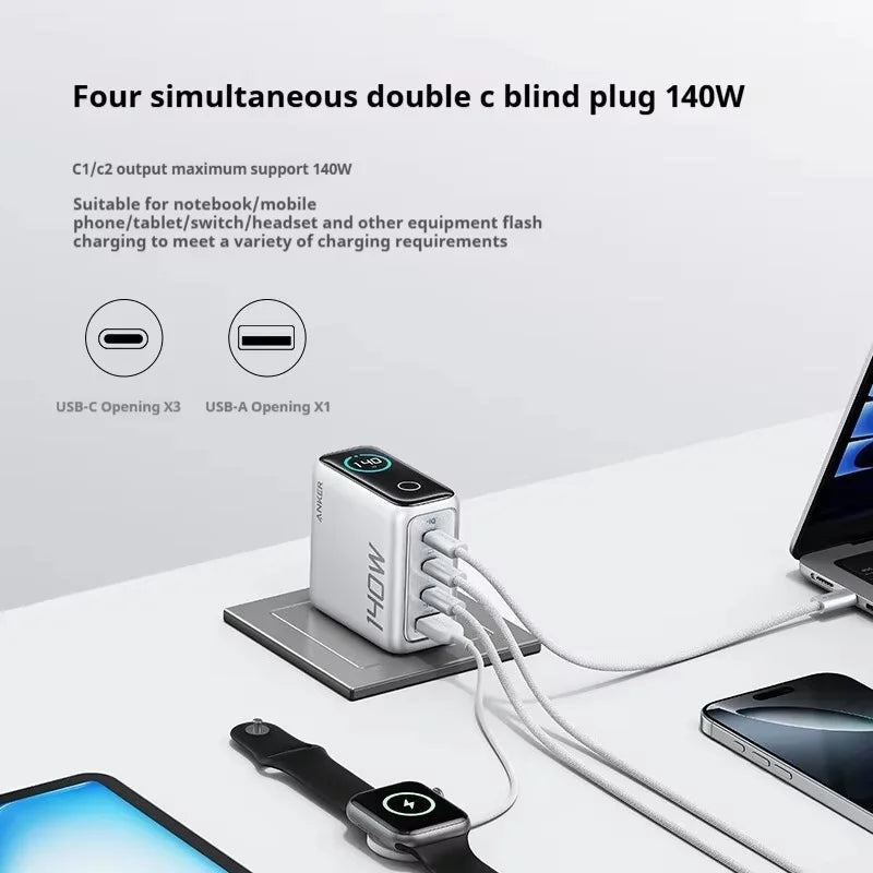 Anker Zolo 140W GaN Charger AI Display Screen Four-Port Fast Charge Mobile Phone Chargers Portable Phone Power Adaptor Original