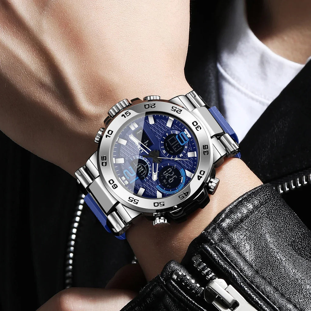 Luxury Large Dial Men Sports Watches Blue Silicone Strap Calendar Display Quartz Wristwatches Relogio Masculino（Without Box）