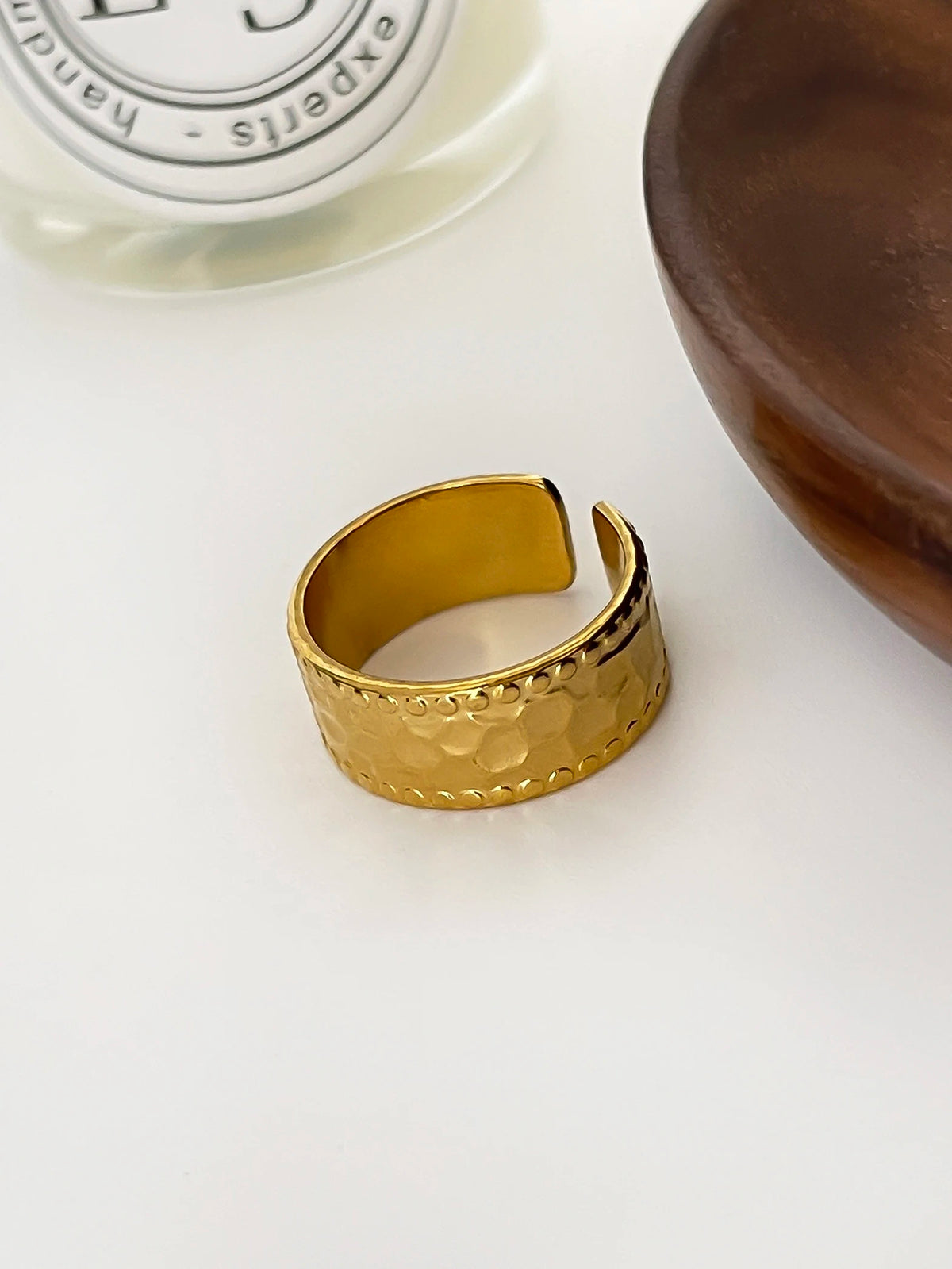 Peri'sbox Trendy Retro Double Enamel White Opening Rings for Women Stainless Steel Gold Plated Hammered Ring Adjustable Jewelry