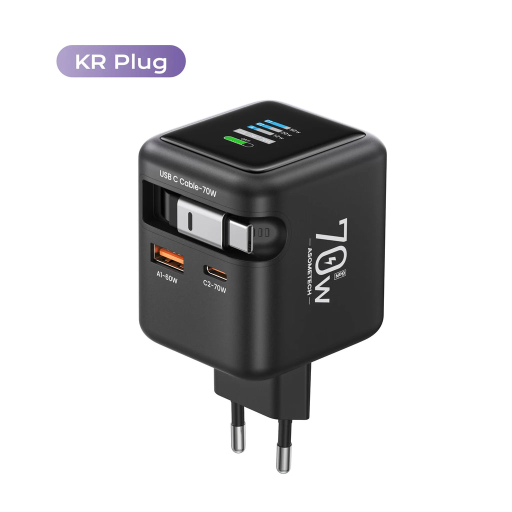 70W GaN Fast Charger with Type-C Retractable Cable 3 IN 1 PD3.0 QC4.0 PPS Fast Charging for IPhone 16 15 14 Xiaomi Tablet Laptop