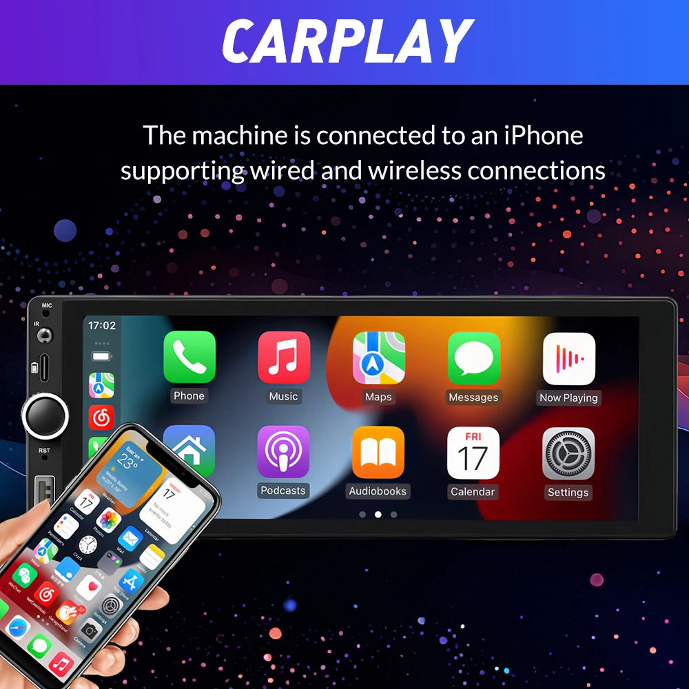 6.86 Inch Double Din Car Stereo Wireless Carplay Android Auto Car MP5 Player Touch Screen Car Radio with Type-C USB FM RDS Bluetooth Steering Wheel Control Rear View Camera