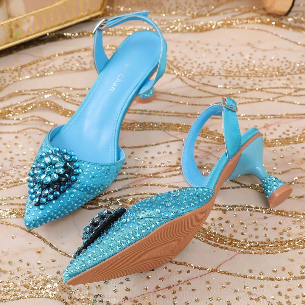 Sky Blue Wedding High Heels for Women Italy Design Rhinestone  Decorate Pointed-Toe Gorgeous Parties 2025 INS Lady Plus Size
