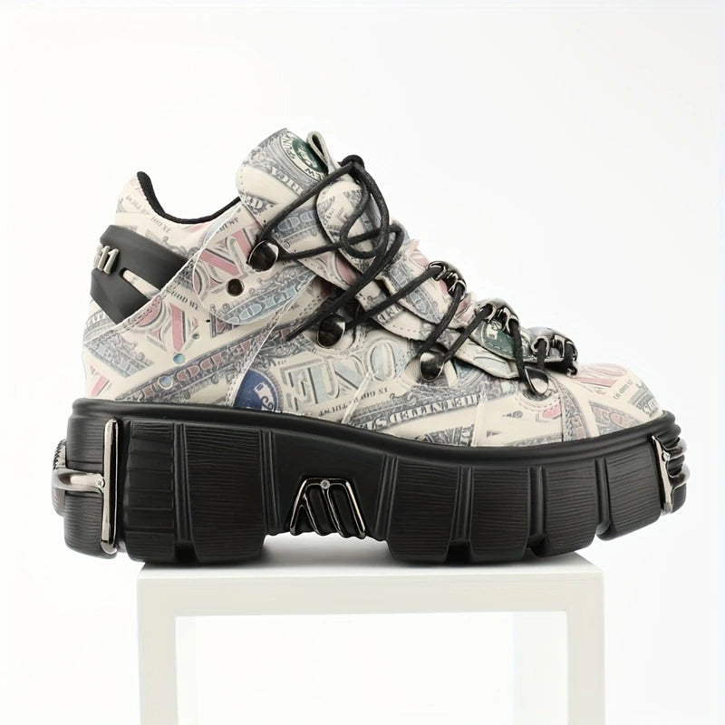Casual Female Runway Shoes Platform Metal Toe Chunky Sneakers Women Gothic Punk Style Sneakers Rock Design Black Walking Shoes
