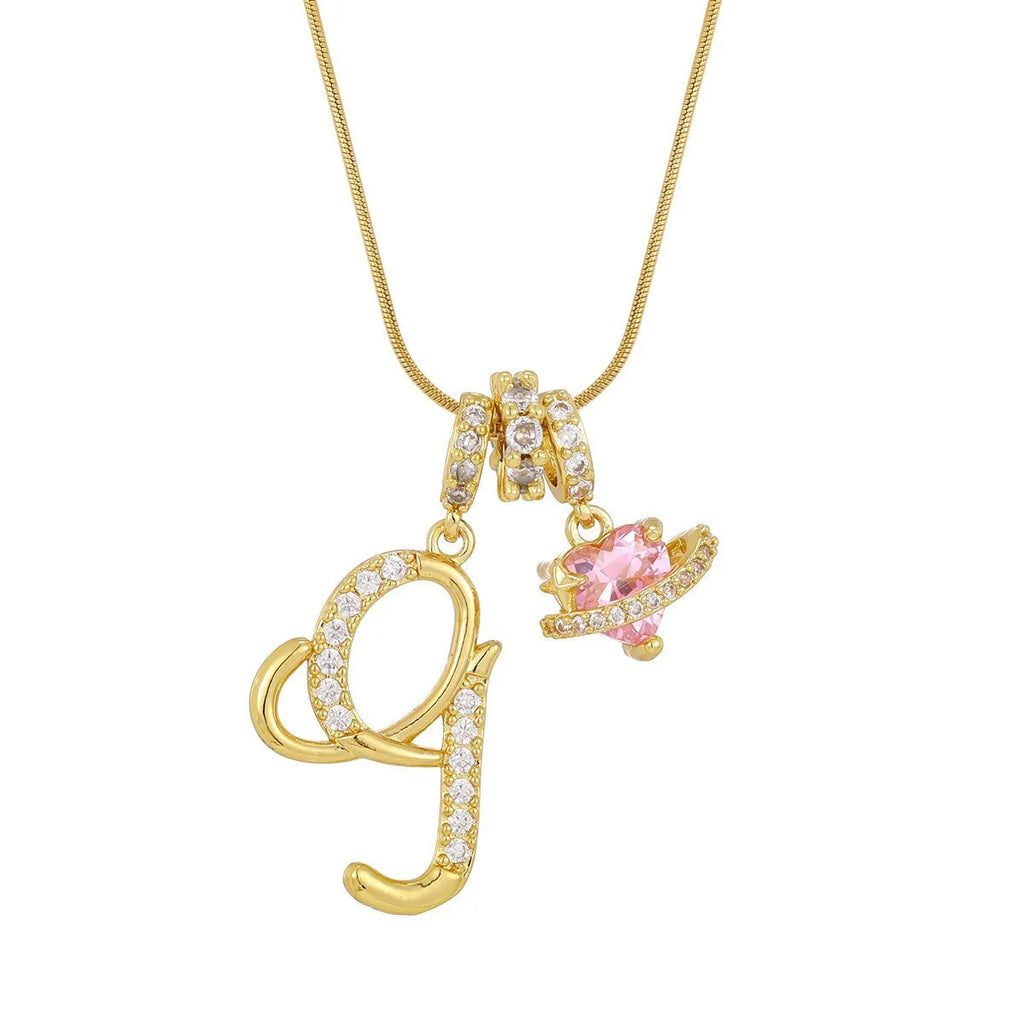 Fashion Letter Necklace Pink for Women  Zircon Heart Pendant Suitable for Personalized Stainless Steel Luxury Jewelry for Girls