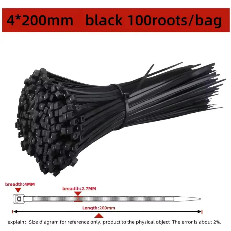 100 PCS Self-locking Plastic Nylon Tie Black Fastening Strap Cable-Tie-Set Cable Zip Tie Fastening Ring Zip Wraps Strap Tie