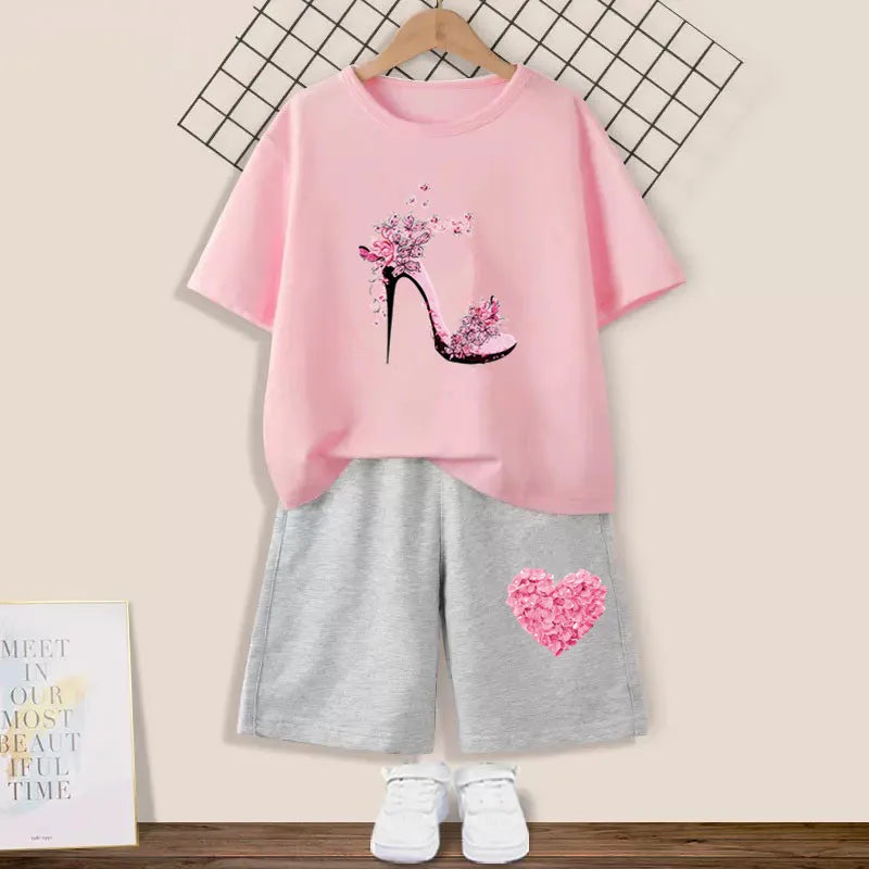 2024 Summer Girls Cotton Clothing Sets Kids Cute Cartoon Butterfly High Heel T-shirt +Shorts 2Pce Suits Childrens Tracksuits