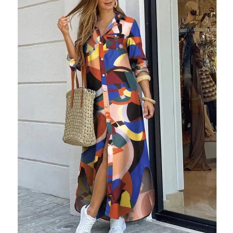 Women Shirt Dress Single Breasted Long Dresses Full Sleeve Turn Down Collar Solid Vestidos Shirts Pockets Split Casual 2025