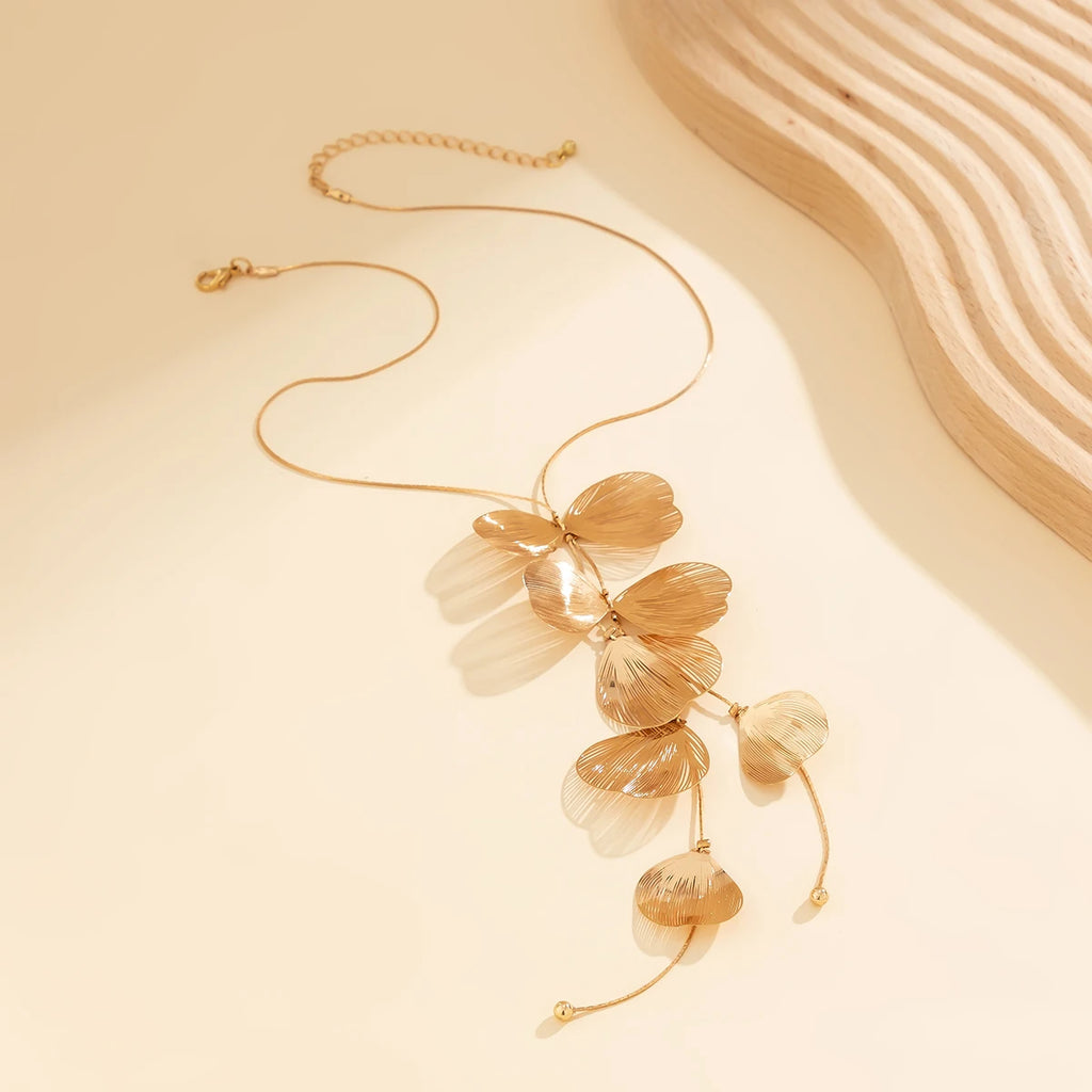 PuRui Trendy Gold Color Metal Petal Charm Long Tassel Necklace for Women Choker Chest Chain Jewelry Collar Gifts Party Wedding