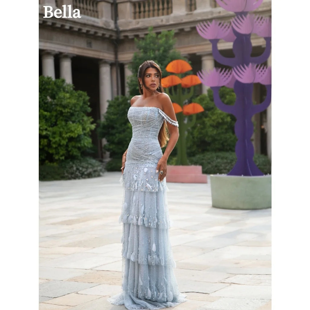 Bella Customized Short Tassel Fringe Sleeves Prom Dress Feather Appliques vestidos de noche Tiered Ruffle Evening Dresses 2026