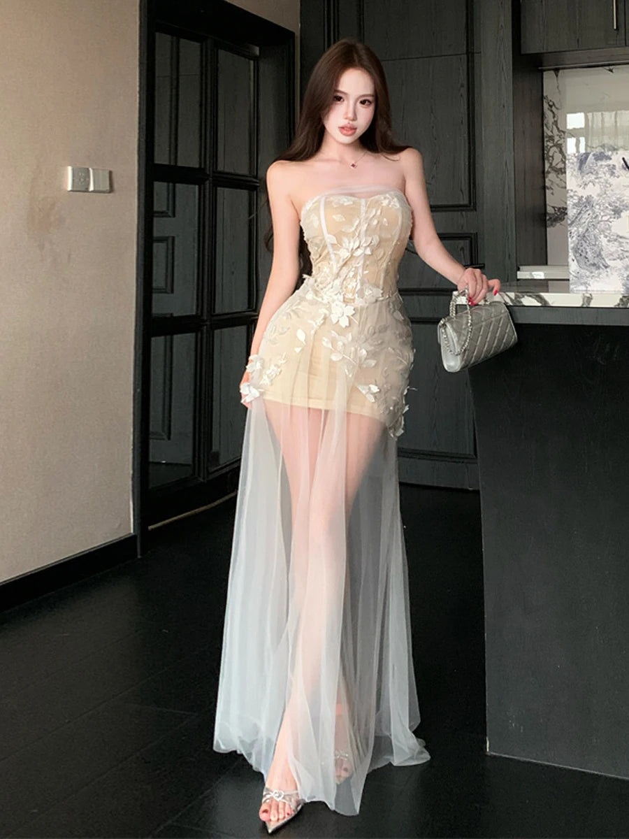 Elegant Hollow out Sleeveless Birthday Party Dress High Waist Split Tube Top Dress for Young Women in Spring Summer Autumn