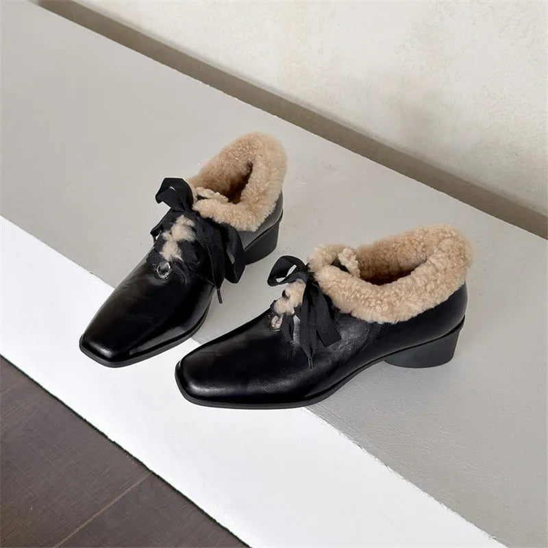 2026 New Autumn Winter Split Leather Women Shoes Fashion Retro Square Toe Shoes for Women Handmade Mid Heels Warm Women Pumps