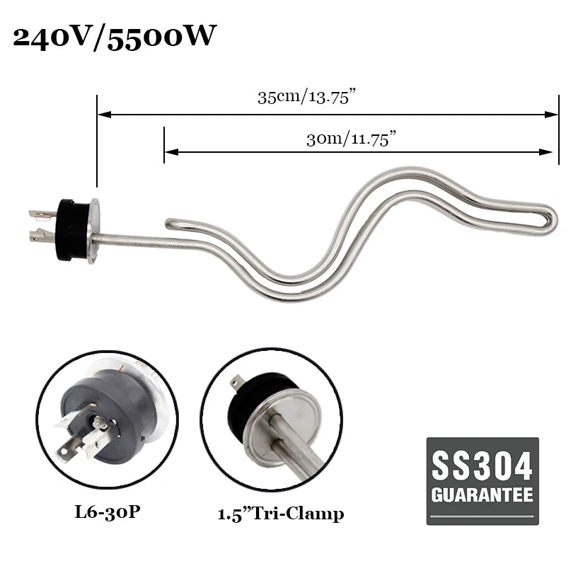 Homebrew Kettle Heating Element 1.5 Inch Tri Clamp Integrated All Stainless Steel ULWD Foldback Ripple 240v/120v