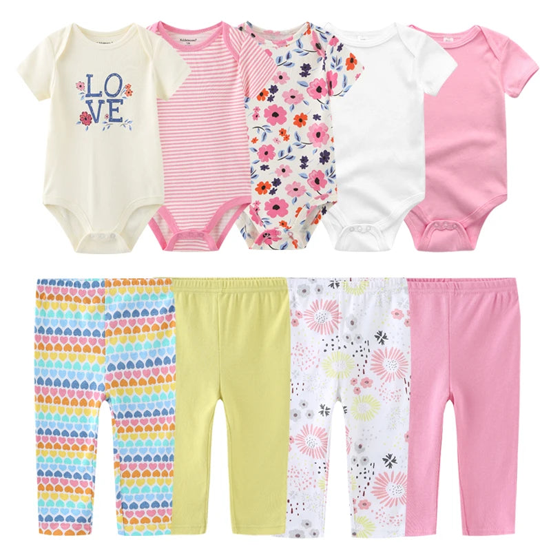 6/9/10PCS Baby Girl Clothes Newborn Solid Bodysuits+Pants Cotton Baby Boy Clothes Short Sleeve Girls Baby Clothing Cartoon