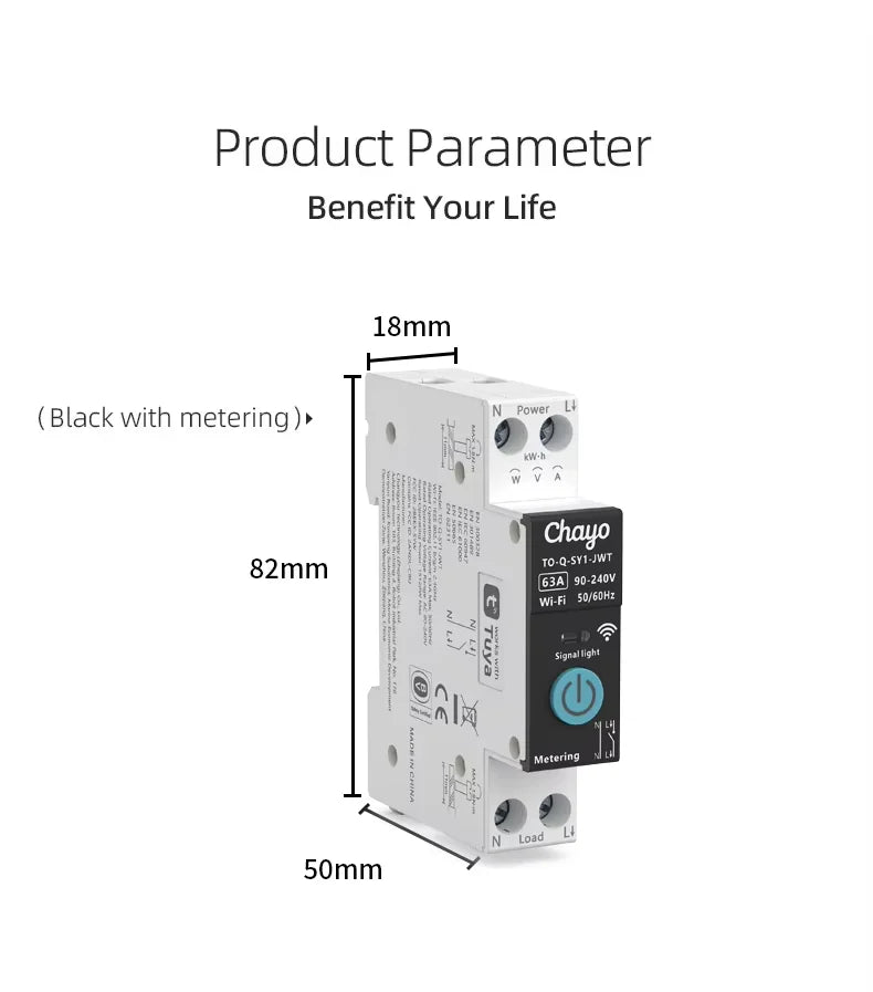 TUYA WIFI Smart Circuit Breaker Power Metering 1P 63A DIN Rail for Smart Home wireless Remote Control Smart Switch by APP Chayo