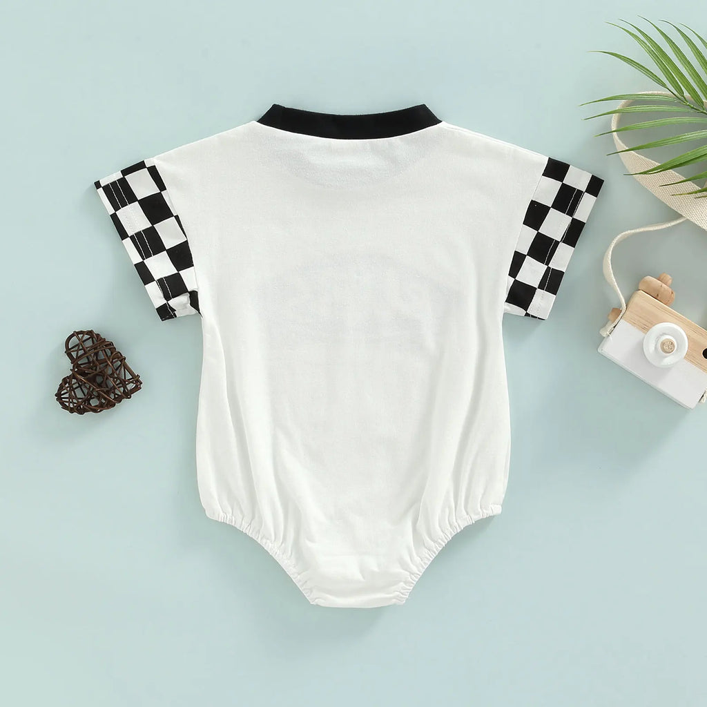 2022-05-07 Lioraitiin 0-18M Infant Baby Girl Boy Romper Plaid Short Sleeve Round Neck Cartoon Pattern Letter Print Jumpsuit