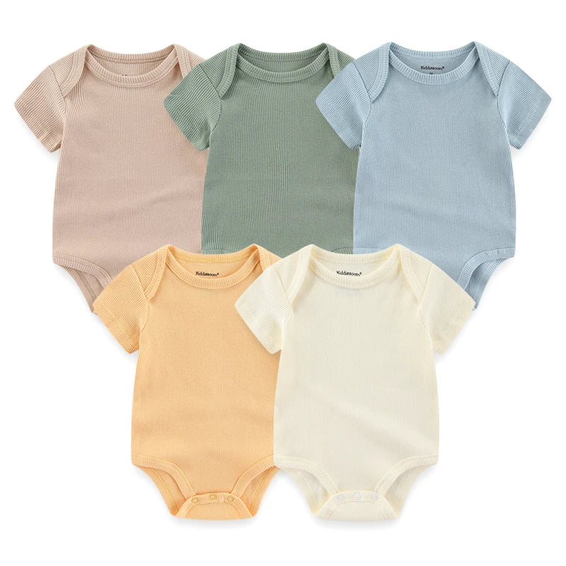 Newborn Bodysuits Unisex 5Pieces Baby Girl Clothes Solid Color Cotton Baby Boy Clothes Set Cartoon Print Summer Bebes