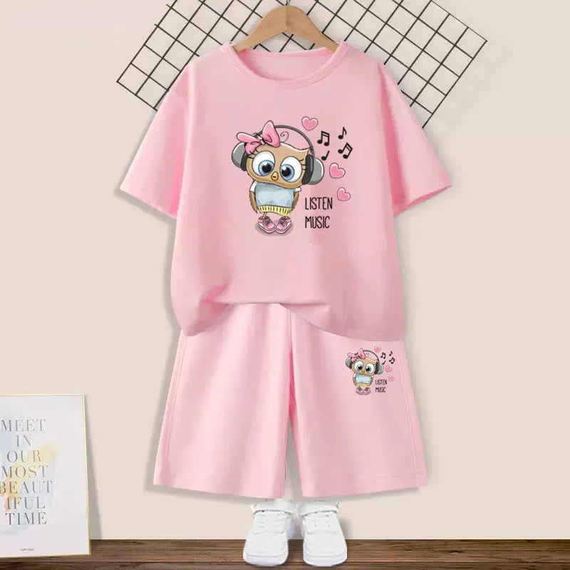 Girls Happy Cat Printed 2PC Outfit Set Summer Fashion Short Sleeve T-Shirt And Shorts Combo Cute Kids Clothing