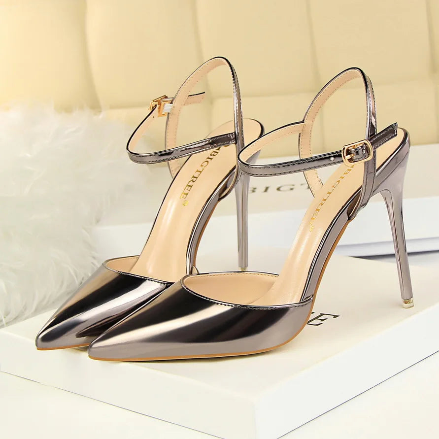 Women 10.5cm High Heels Sandals Lady Metallic Gray Patent Leather Stripper Ankle Strap Sandles Wedding Fetish Nightclub Shoes