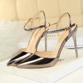 Women 10.5cm High Heels Sandals Lady Metallic Gray Patent Leather Stripper Ankle Strap Sandles Wedding Fetish Nightclub Shoes