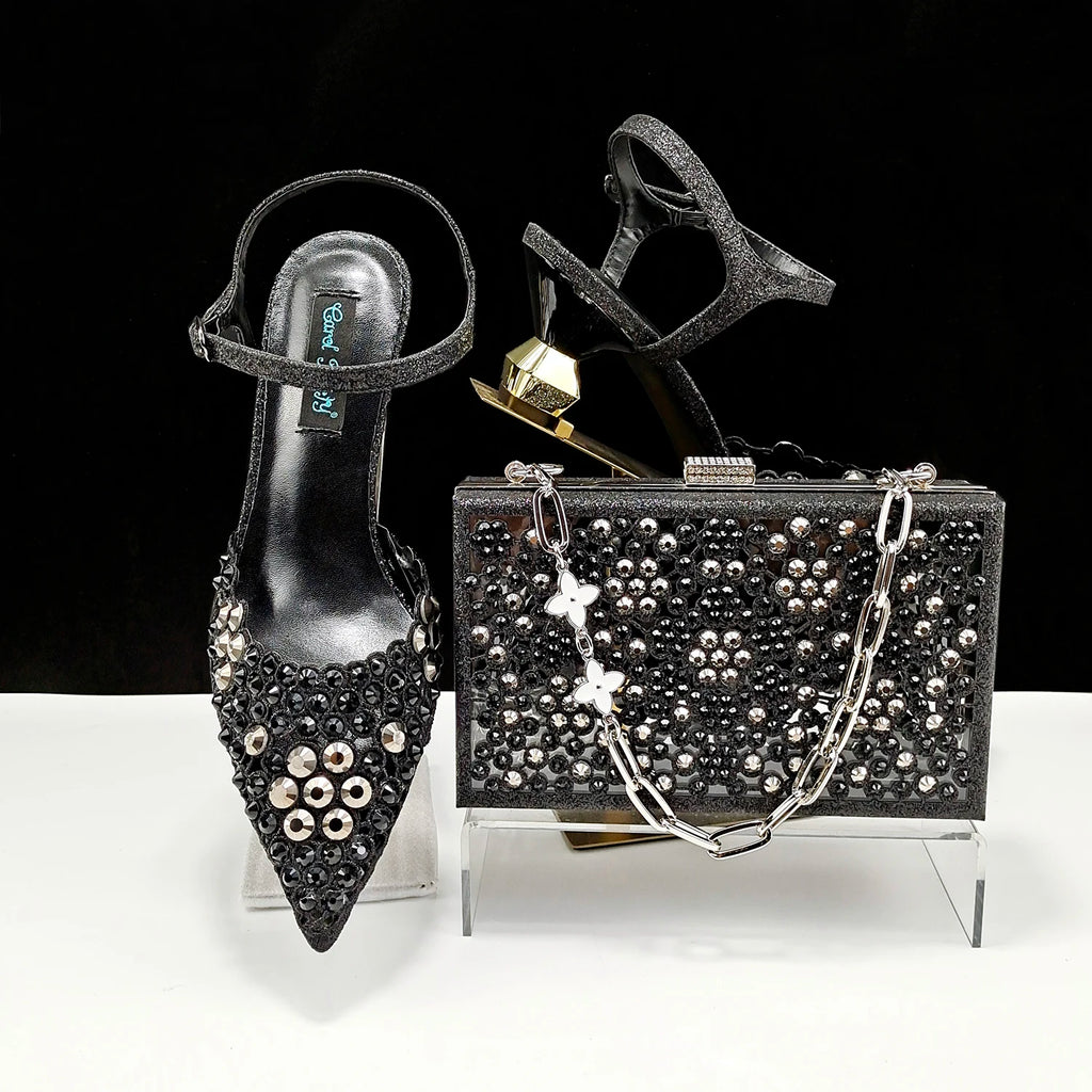 Happy Time Exquisite ! African Women's Shoes And Star Bag Rhinestone Embellished Pointed Toe Cutout Heels Square Clutch Bag