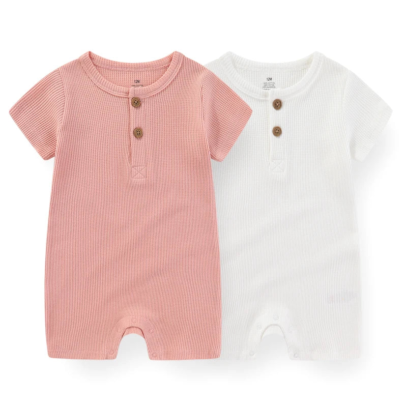 Cotton New Born Baby Boy Clothes 2 Pieces Short Sleeves Baby Girl Clothes 0-24M Waffle Print Infant Rompers Cartoon Bebes